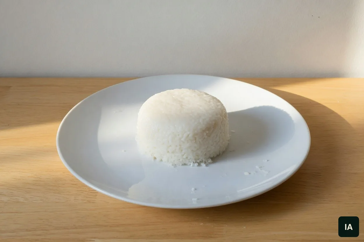 Un dôme de riz blanc au centre d’une assiette, sur une table en bois clair.