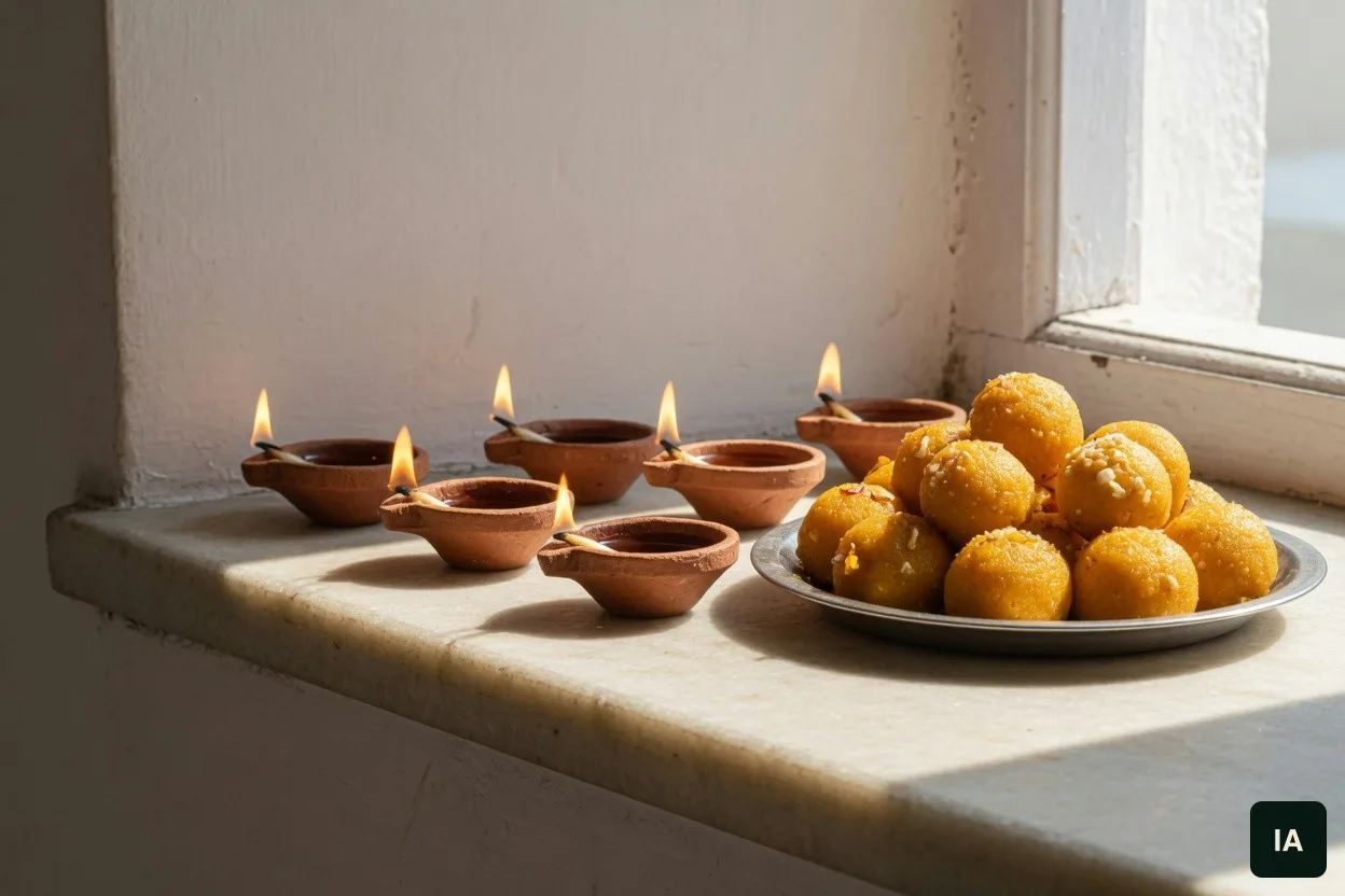 Lampes en terre cuite allumées et une assiette de sucreries rondes sur un appui clair.