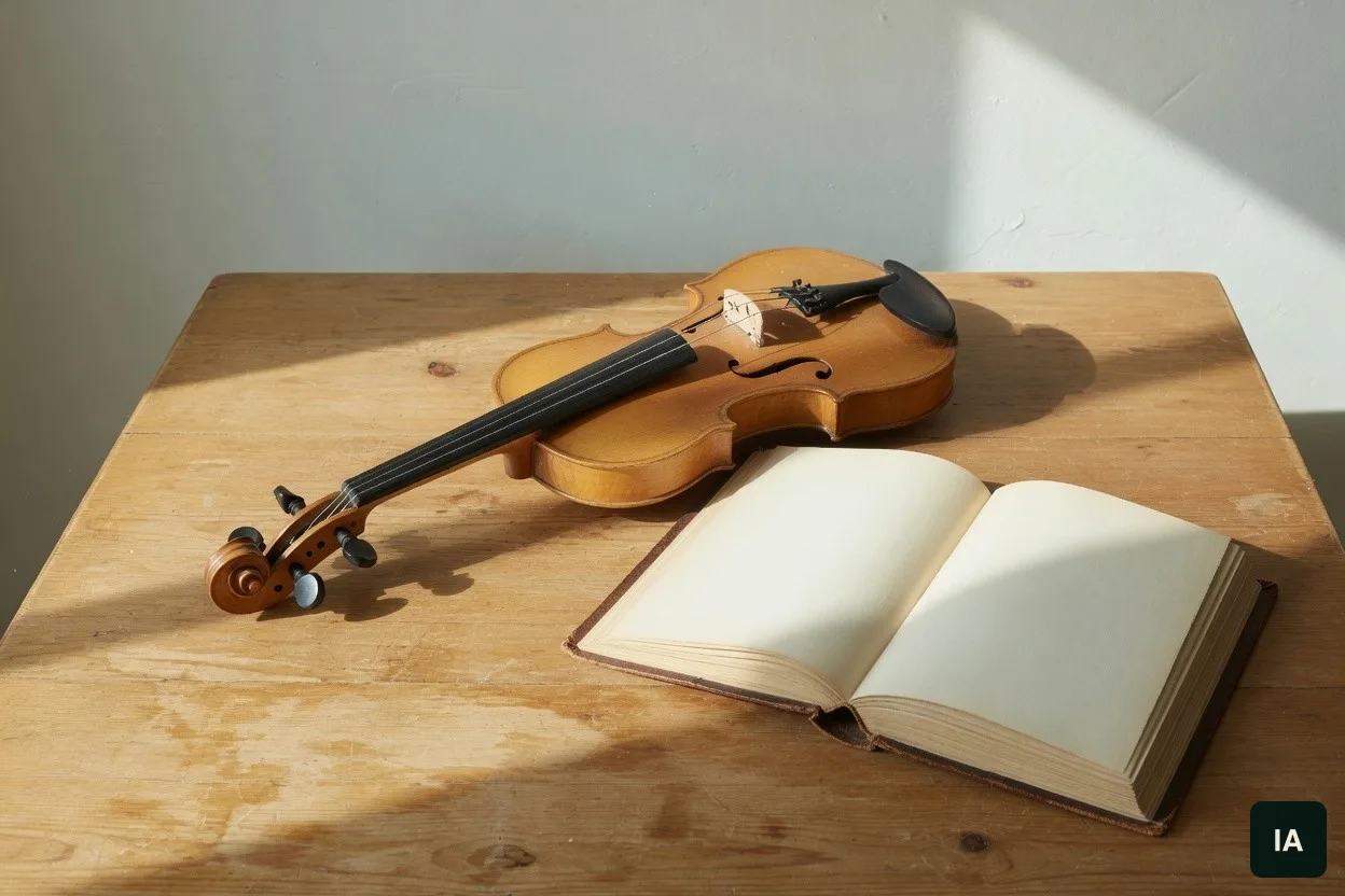 Violino e um livro aberto de páginas em branco sobre uma mesa de madeira, ao sol.