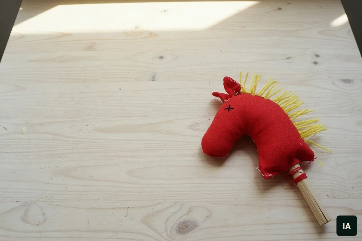 Cavalo de pano vermelho sobre uma mesa de madeira clara, ao sol.
