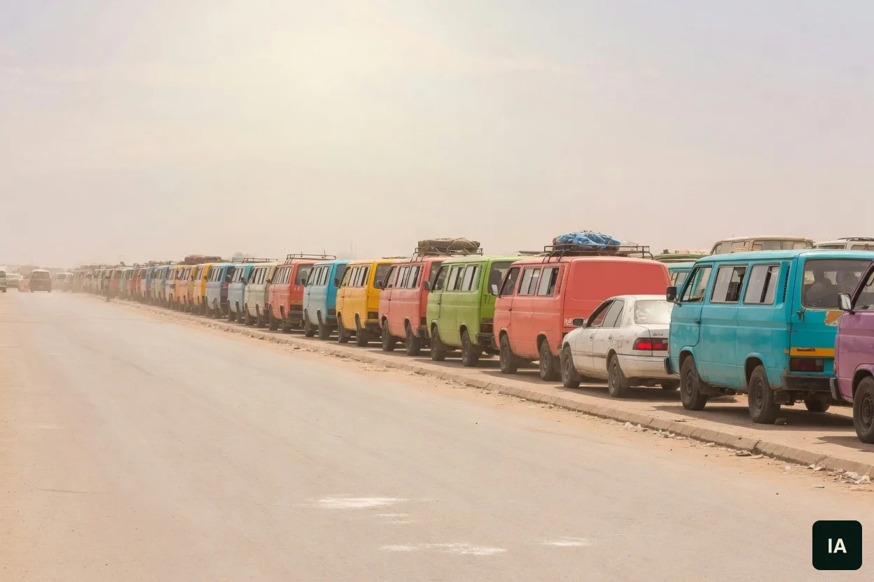 Une longue file de minibus colorés arrêtés au bord d’une route, en plein jour.