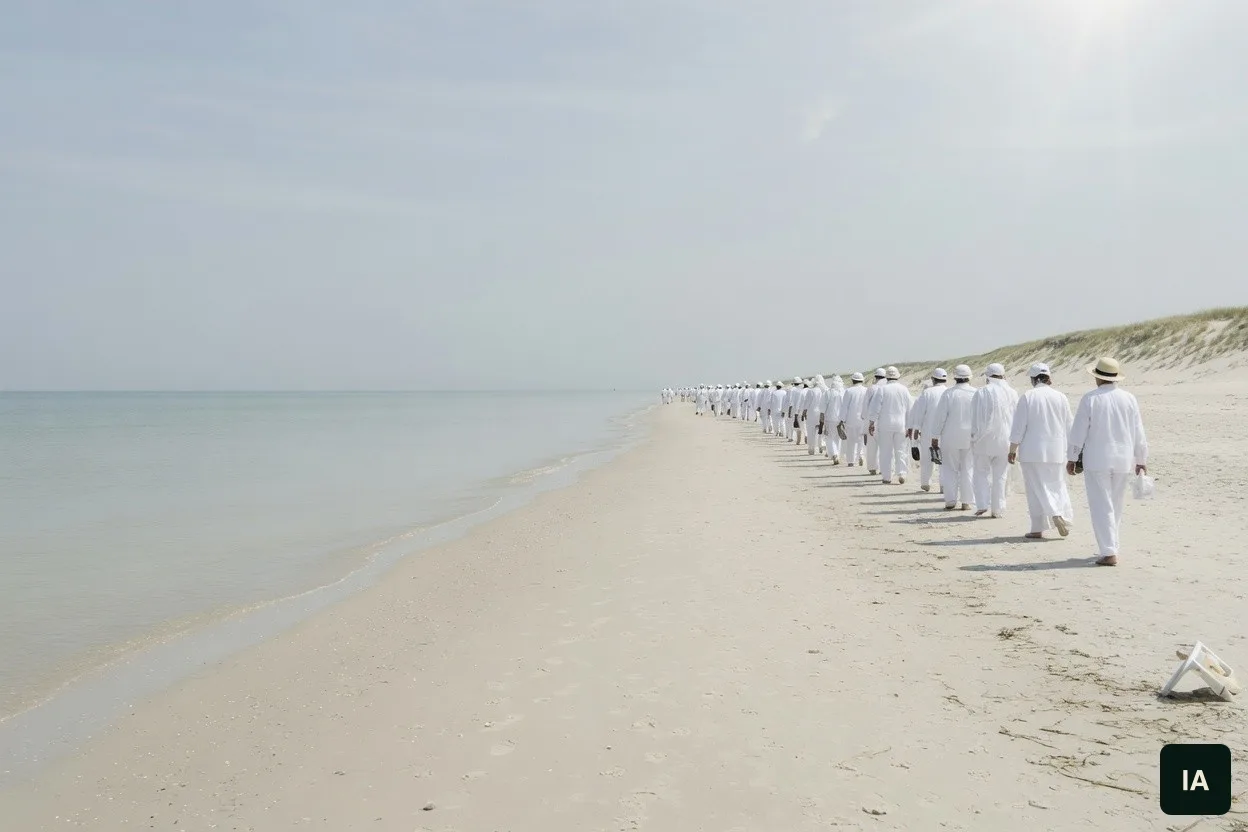Une file de personnes en blanc marche le long de la plage, vues de dos, au soleil.