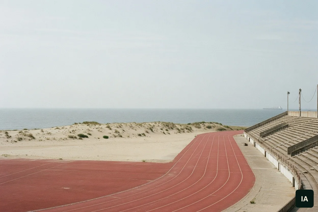 Une piste d’athlétisme rouge et vide, avec une dune de sable, la mer et une tribune en béton à droite.