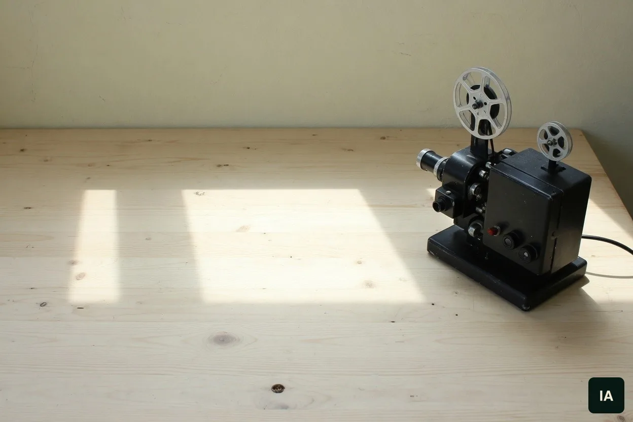 Projetor de cinema pequeno sobre uma mesa de madeira clara, ao sol.