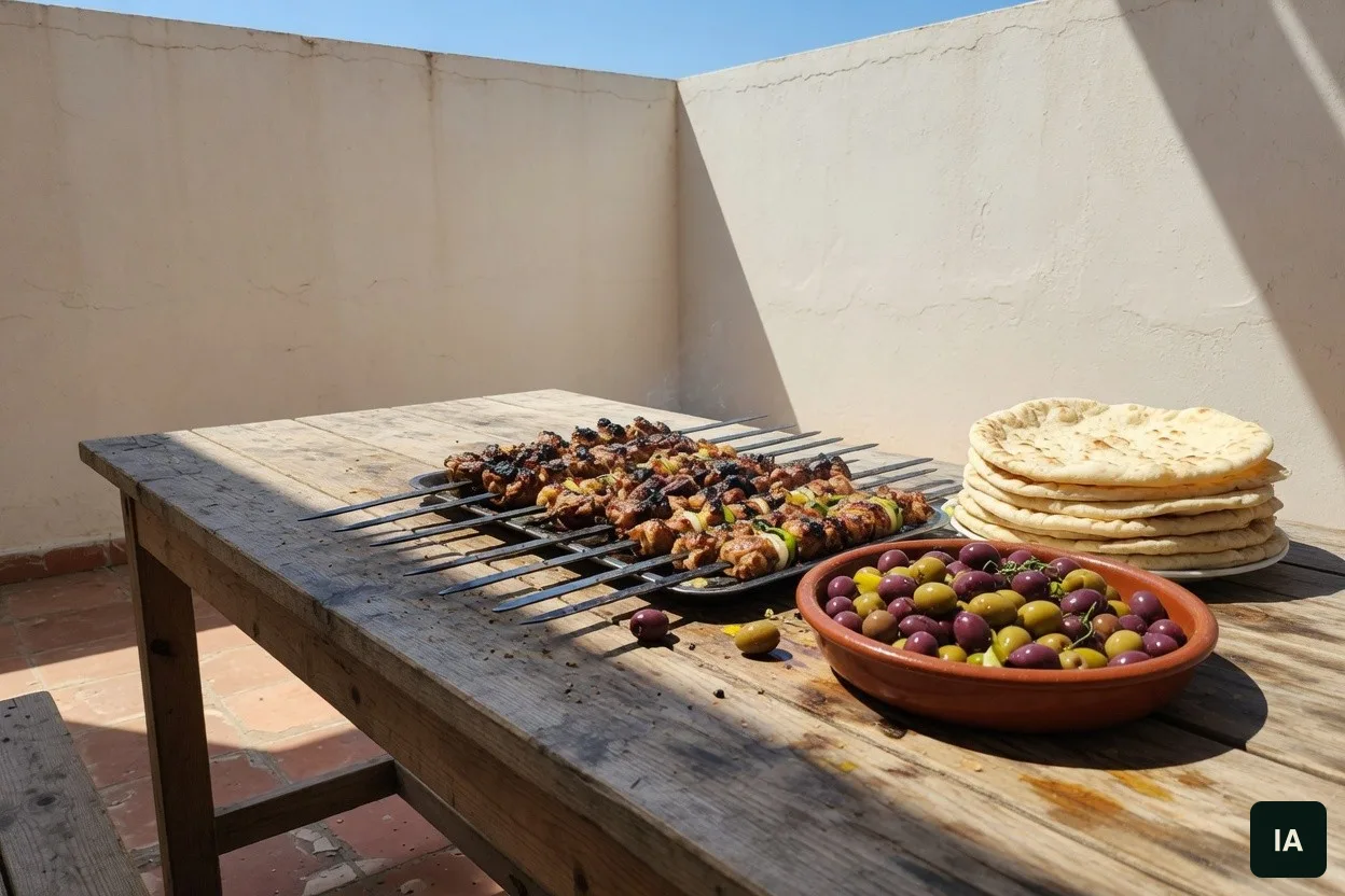 Espetos de carne, uma pilha de pão sírio e um prato de azeitonas numa mesa de madeira, num pátio claro.