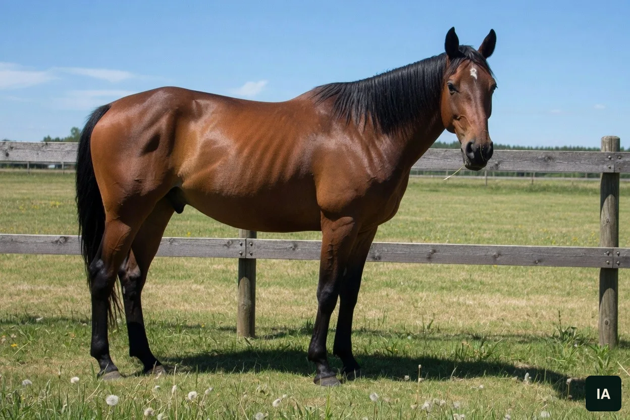 Cavalo baio sem arreio num pasto verde, junto a uma cerca de madeira, sob o céu azul.