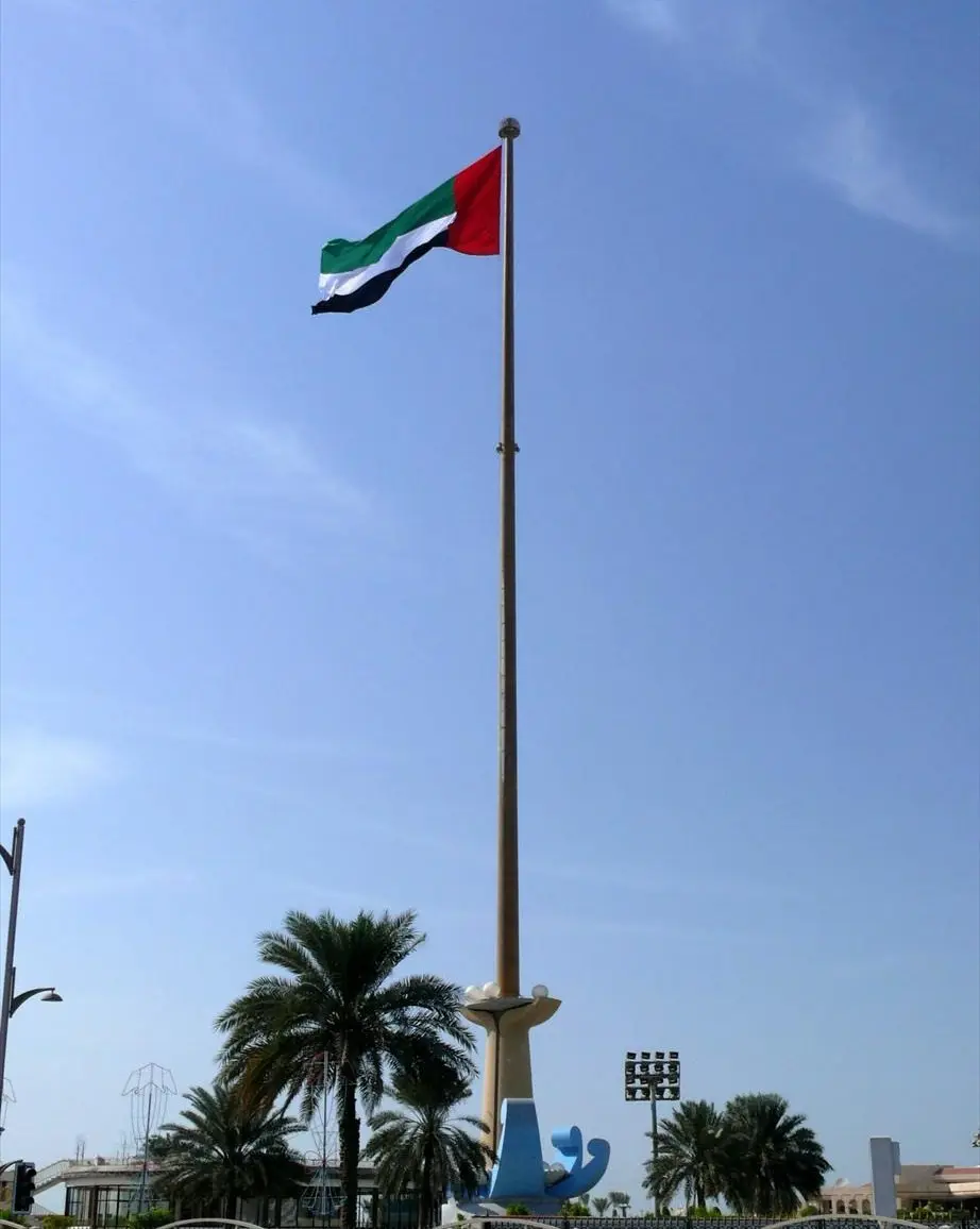 Bandeira dos Emirados Árabes Unidos no alto do mastro da Union House em Dubai, com palmeiras abaixo, em 2 de dezembro de 2007.