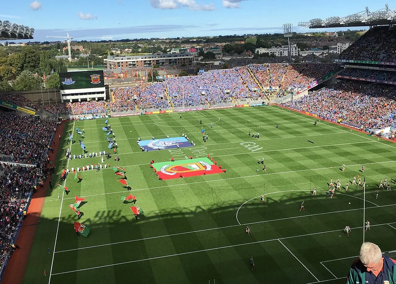 Aerial view of a packed Croke Park before the Gaelic football final between Dublin and Mayo on 17 September 2017, with bands on the pitch.