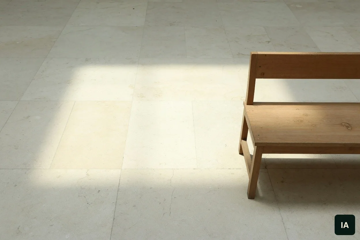 A wooden bench on a pale stone floor, in the sun.