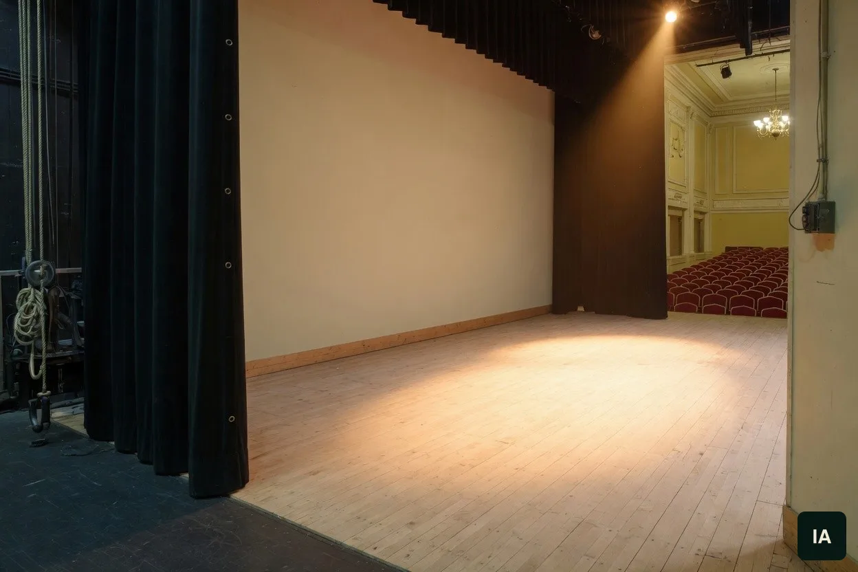 An empty wooden stage, with a black curtain and red seats beyond, under a work light.