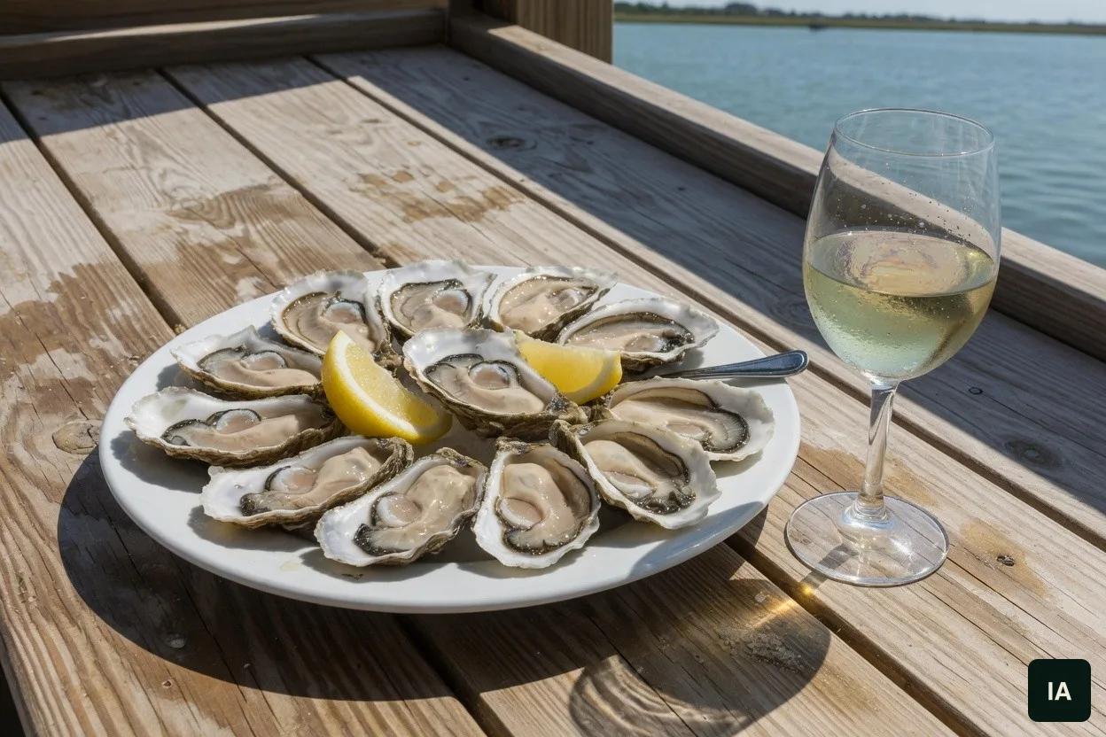 Prato de ostras abertas e um copo de vinho branco numa mesa de madeira, com água atrás.