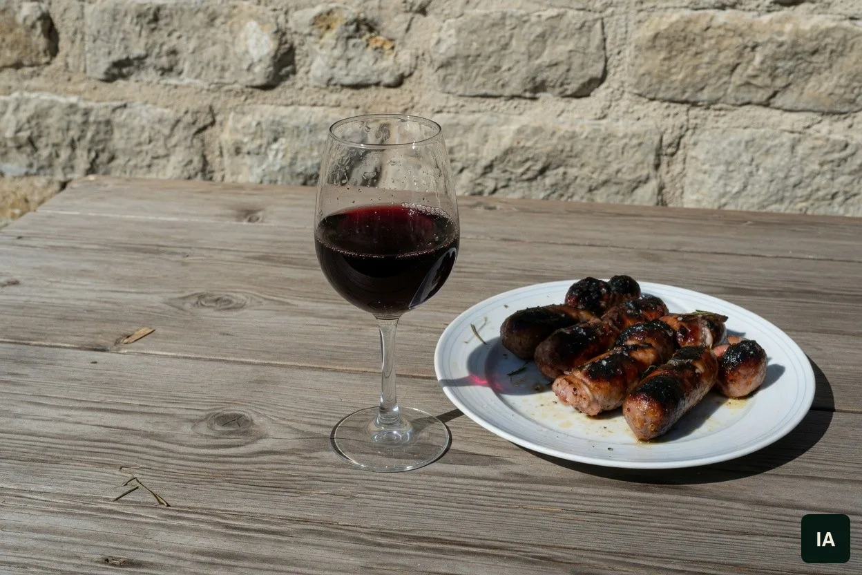 Copo de vinho tinto e um prato de linguiças grelhadas numa mesa de madeira, diante de uma parede de pedra.