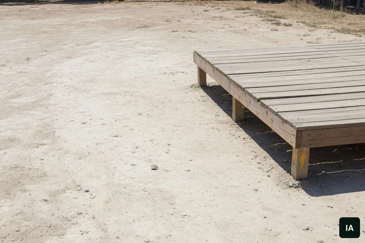 Estrade en bois vide sur un sol clair, au soleil.