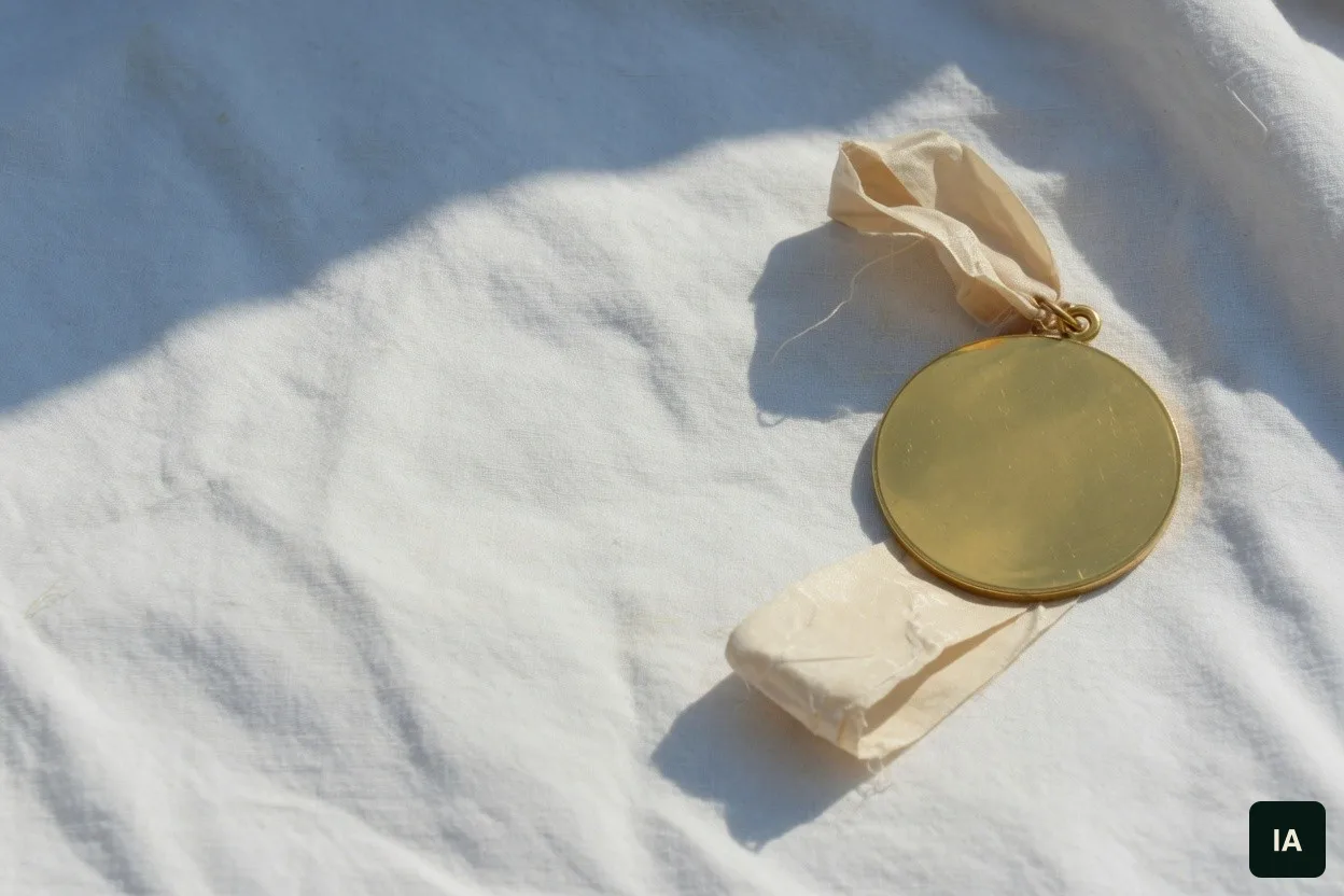 Médaille ronde en or, sans inscription, sur un tissu blanc au soleil.