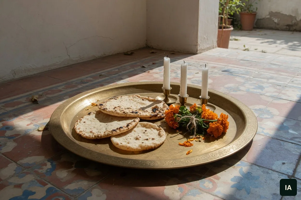 Bandeja de latão com pão achatado, três velas brancas e cravos-de-defunto, num pátio de lajotas ao sol.