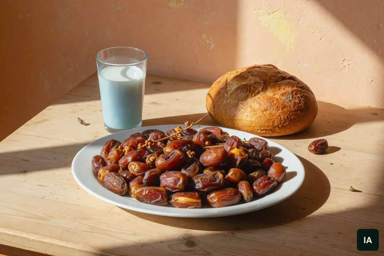 Prato de tâmaras, um pão e um copo de leite numa mesa de madeira, com sol na parede.
