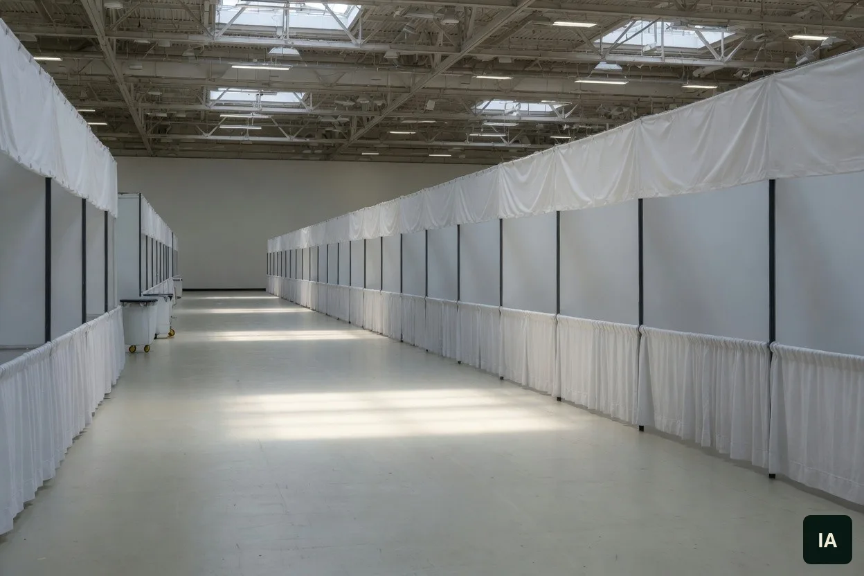 Corredor de um pavilhão, com estandes cobertos de pano branco.