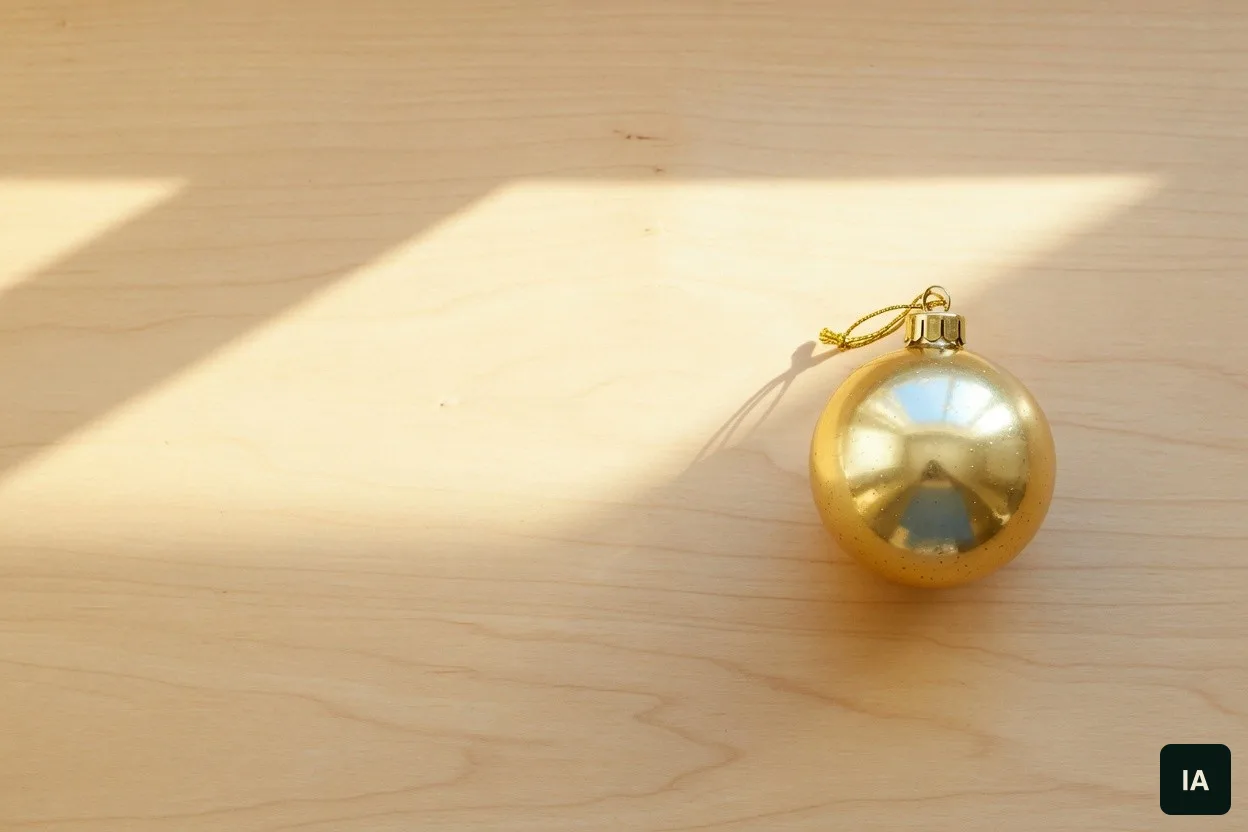 Bola de vidro dourada sobre uma mesa de madeira clara, ao sol.