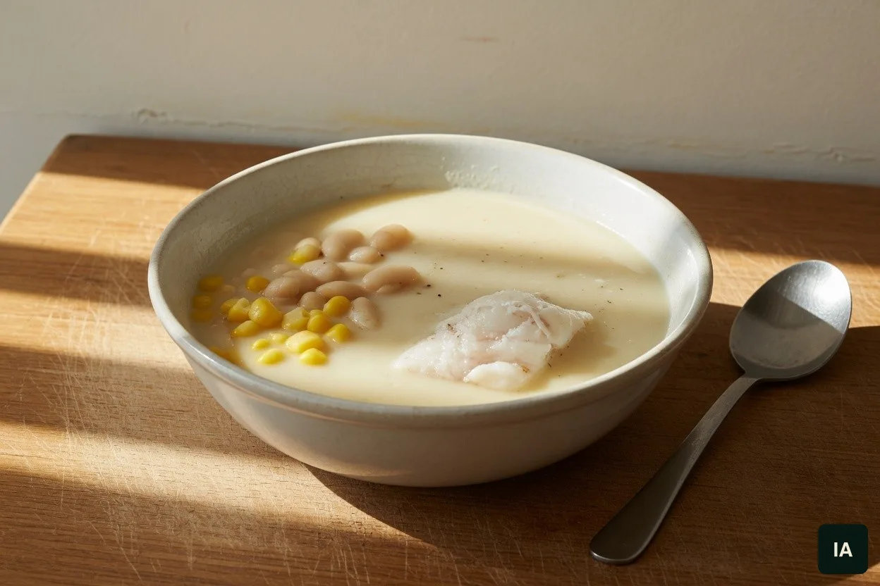 Tigela de sopa cremosa com feijão, milho e um pedaço de bacalhau, numa mesa de madeira ao sol.