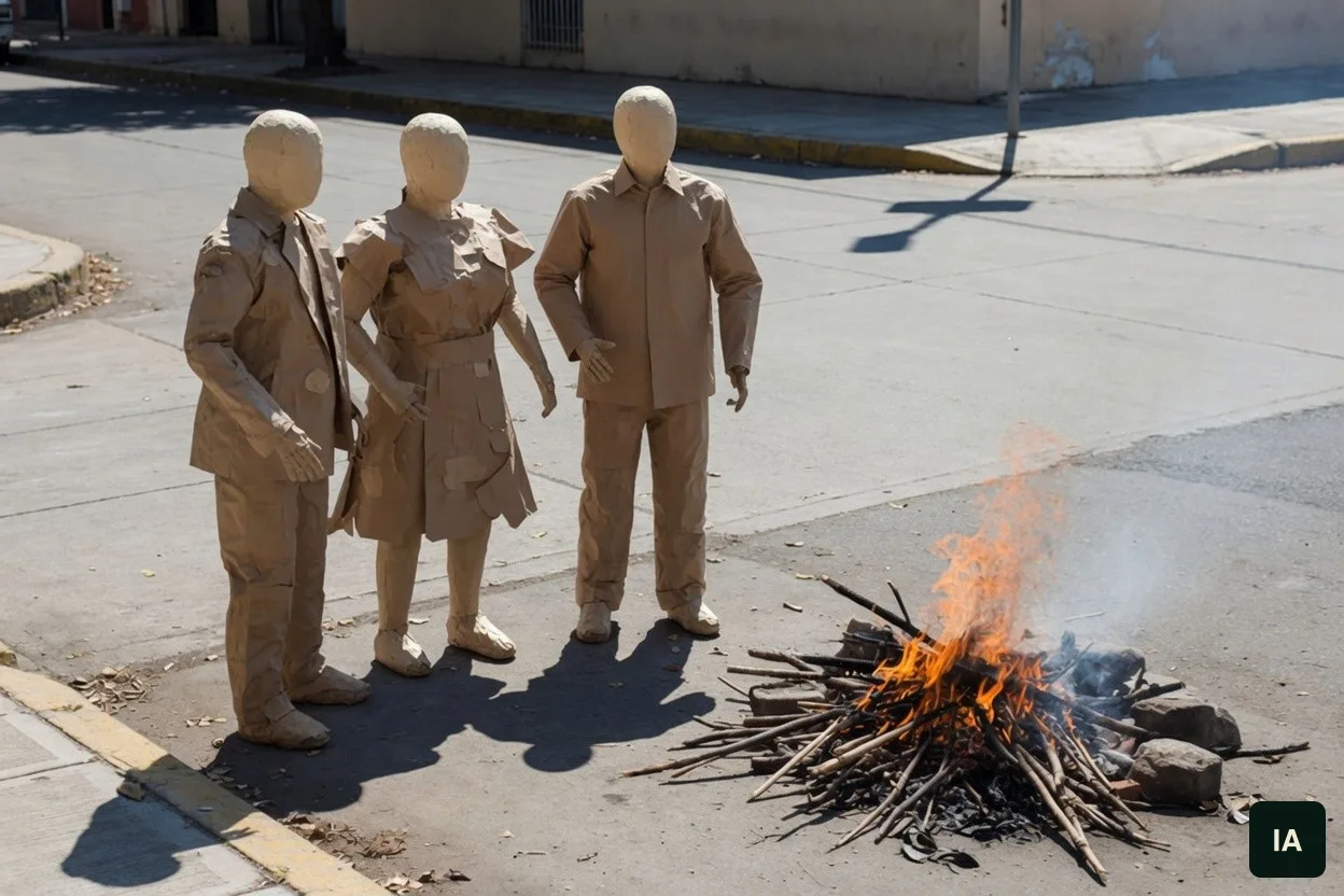 Três bonecos de papel de rosto liso ao lado de uma fogueira pequena, numa rua ao sol.