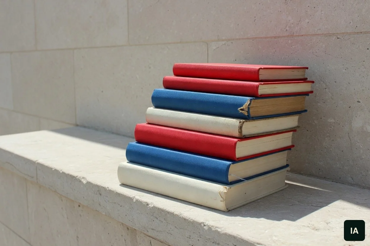 Pilha de livros de capa lisa, vermelha, azul e creme, numa mureta de pedra clara ao sol.
