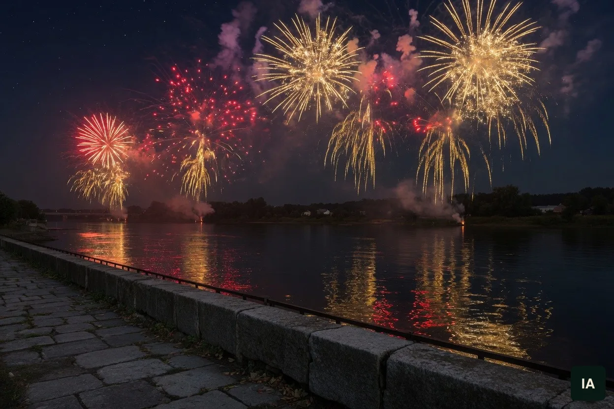 Fogos dourados e vermelhos no céu noturno, refletidos no rio, vistos de um cais de pedra vazio.