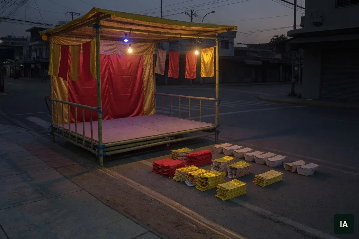 Palco de bambu na calçada, com a primeira fila de cadeiras vazia e pilhas de papel vermelho e dourado no chão.