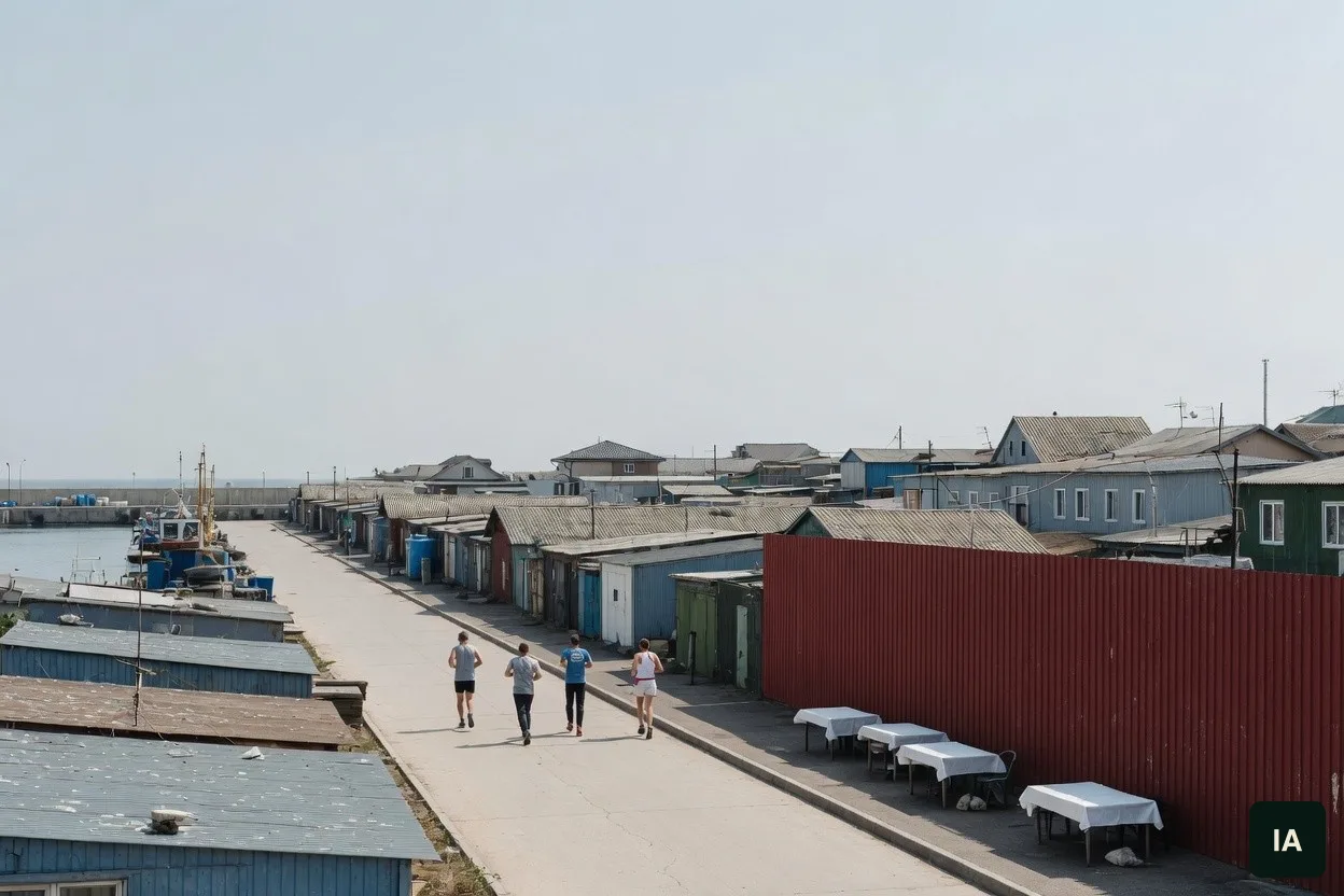 Quatro corredores de costas numa rua de casas de metal, com mesas de pano branco.