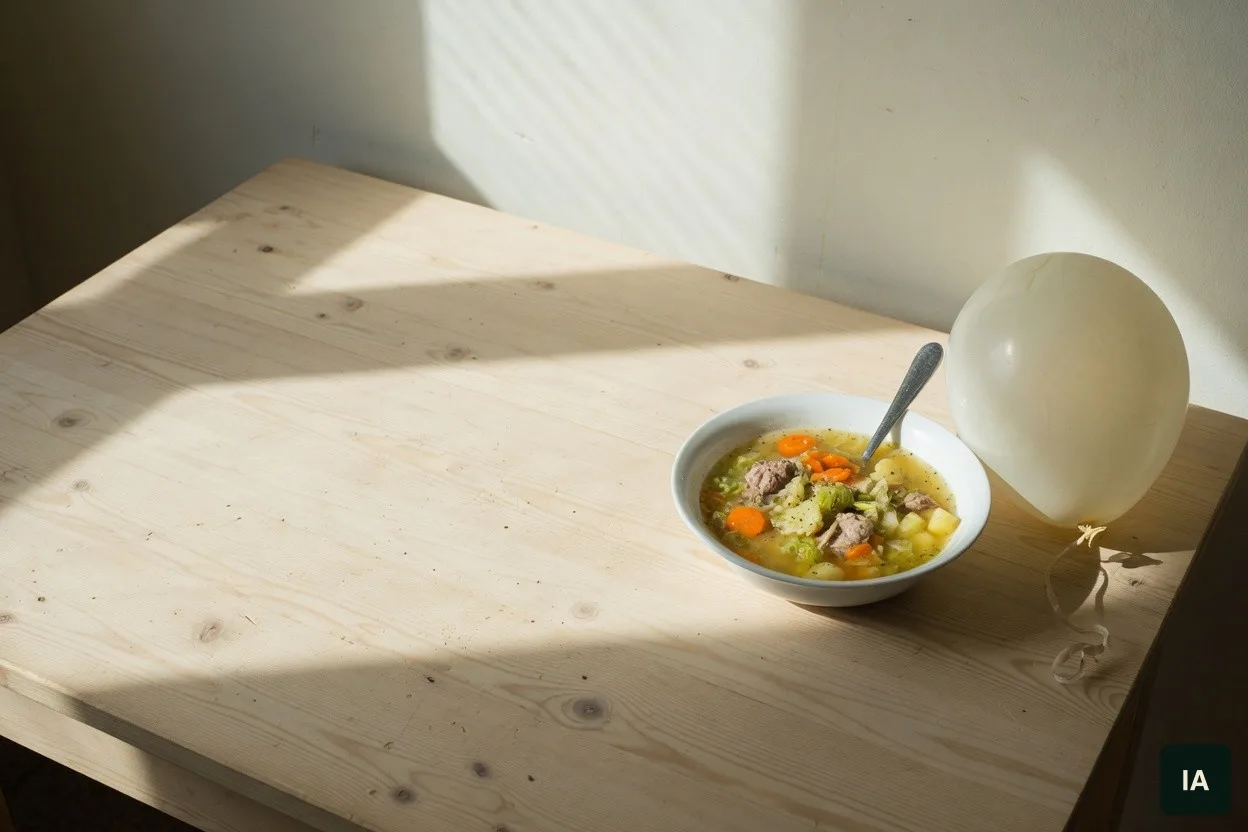 Tigela de sopa com carne e legumes e um balão claro, numa mesa de madeira ao sol.