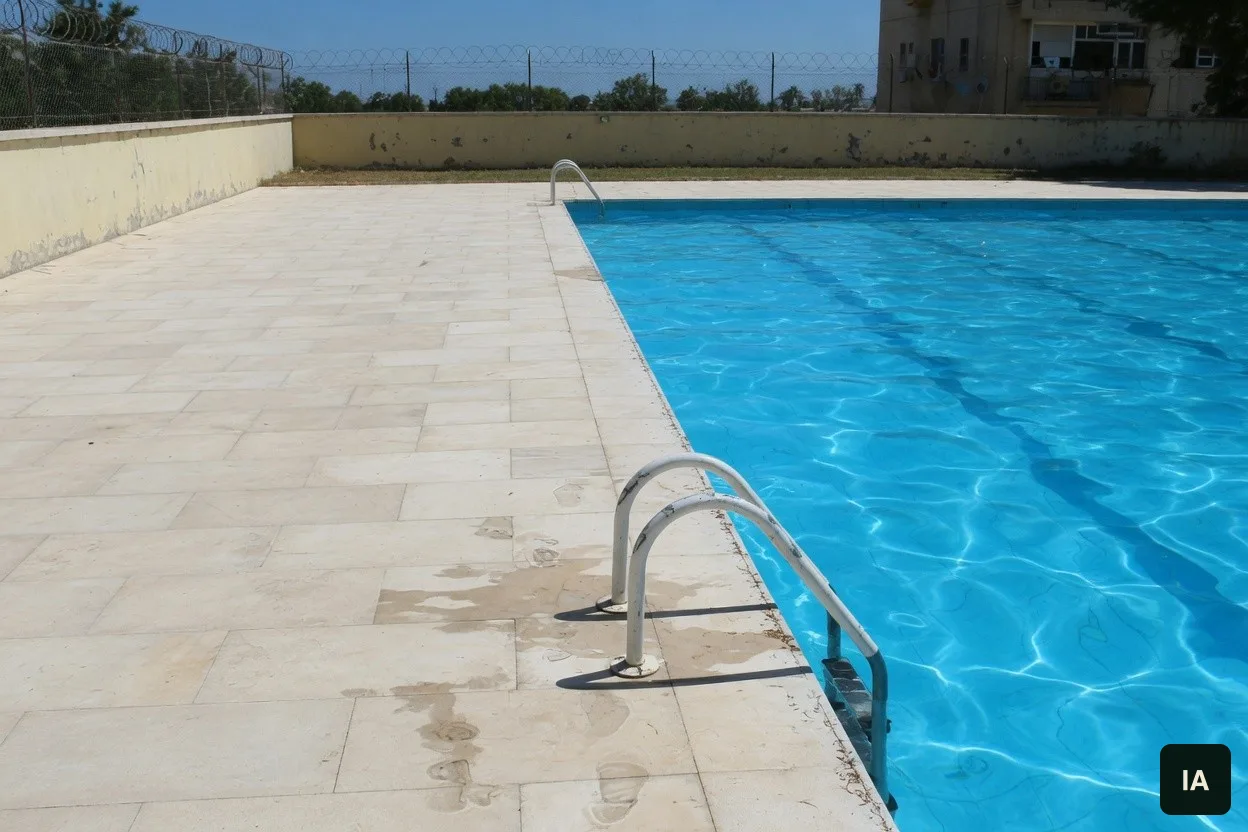 Piscina ao ar livre, sem gente, com deck de pedra clara ao meio-dia.