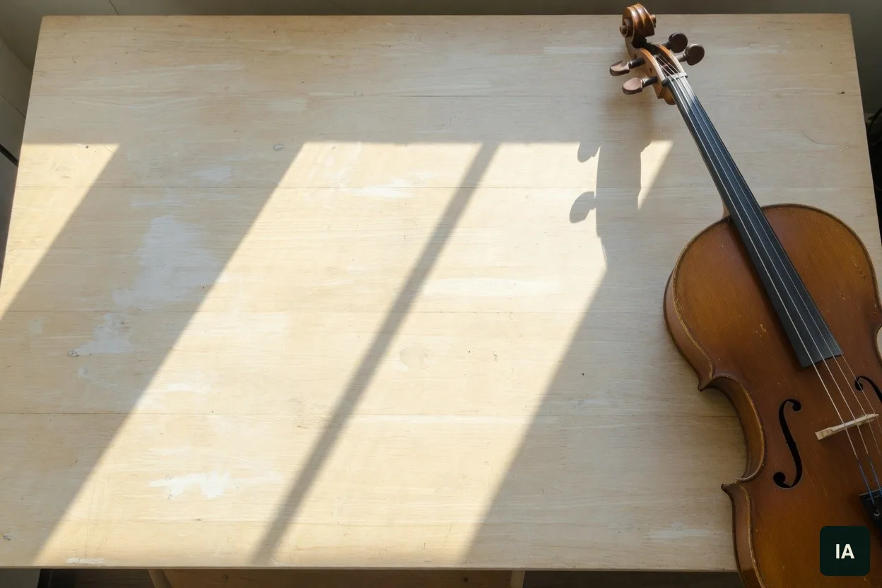 Violoncelo de madeira sobre uma mesa clara, ao sol.