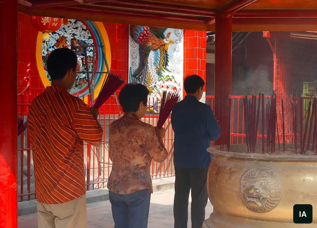 Três pessoas de costas, com maços de incenso, diante do braseiro do templo Jin De Yuan, em Glodok, no dia 28 de janeiro de 2008.
