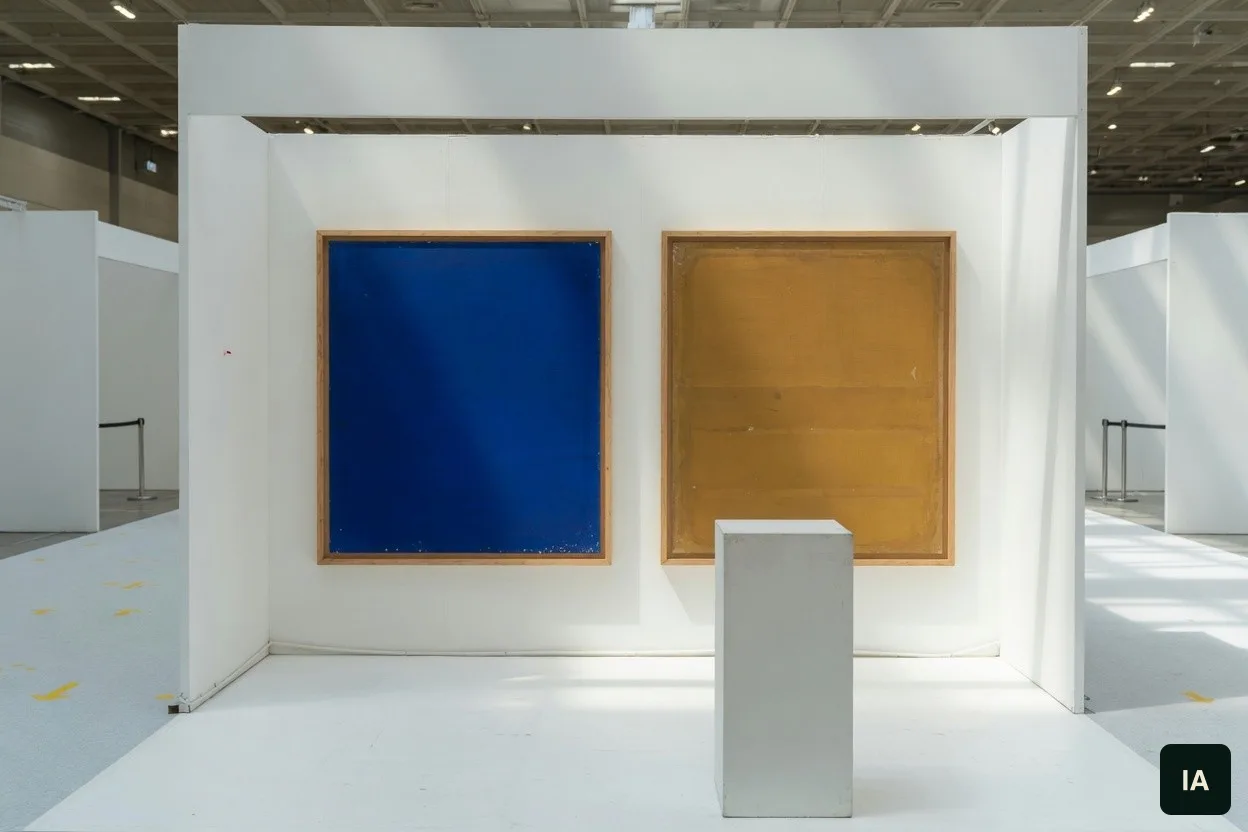 Stand blanc vide avec une toile bleue, une toile ocre et un piédestal blanc sans objet.