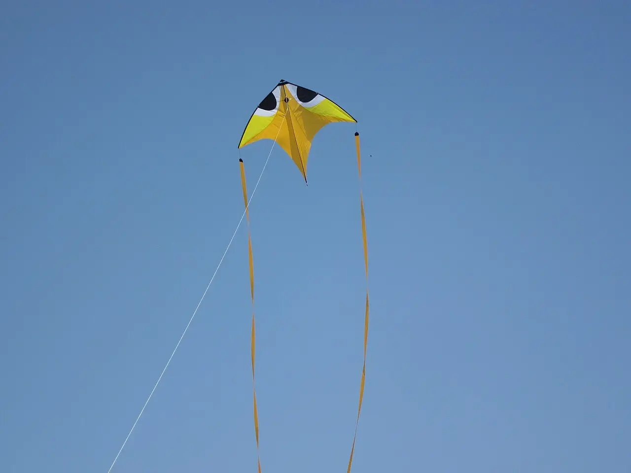 Pipa amarela e preta com cauda longa voando contra o céu azul, fotografada em Jaipur no Makar Sankranti de 2012.