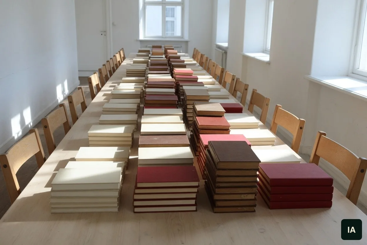 Pilhas de livros de capa lisa, em creme, marrom e vermelho, sobre uma mesa comprida numa sala clara, com cadeiras vazias.