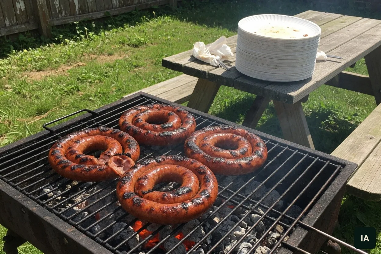 Linguiças enroladas numa grelha sobre brasas, num quintal com mesa de madeira e pratos brancos, ao sol.