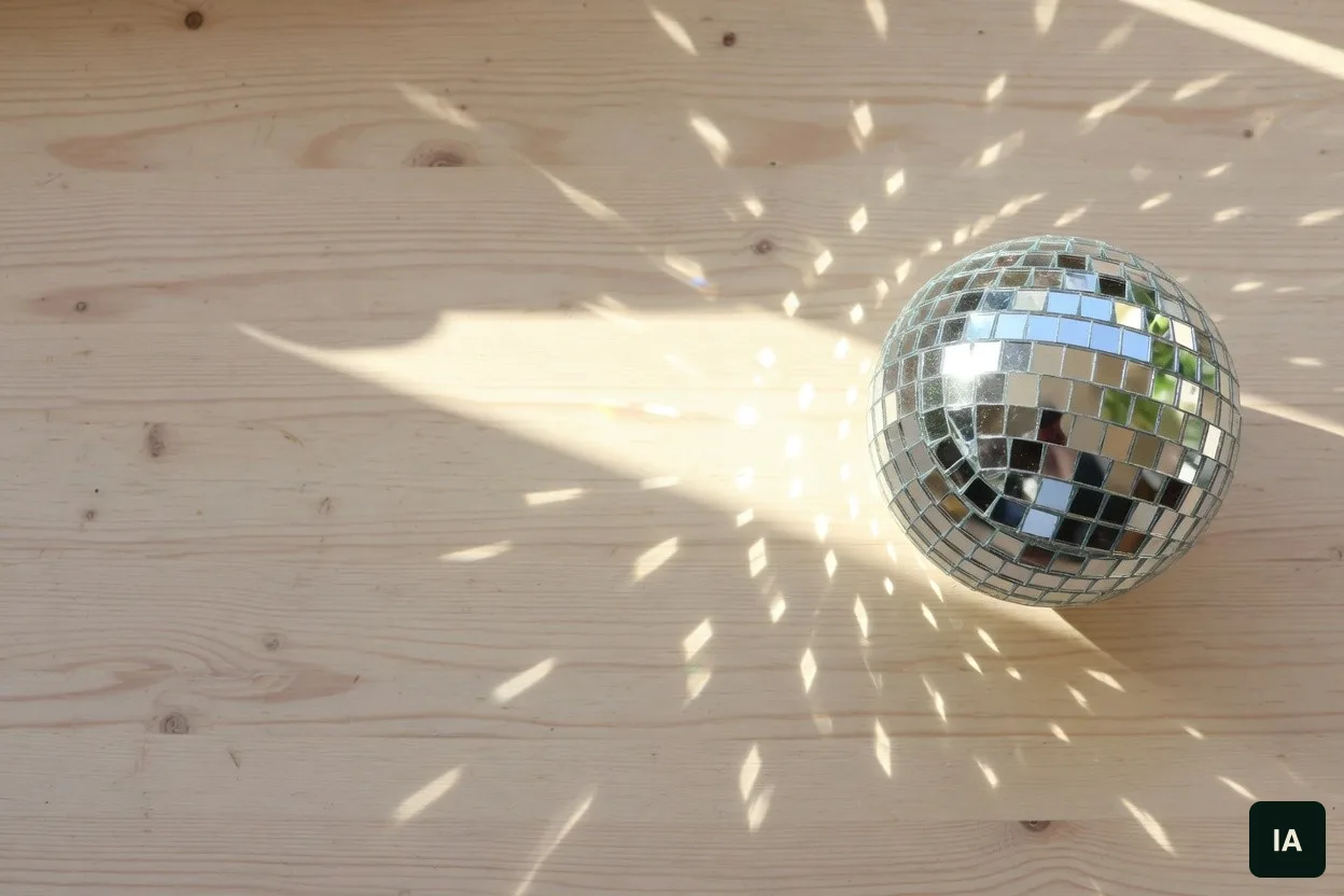 A mirror ball on a pale wooden table, in the sun.