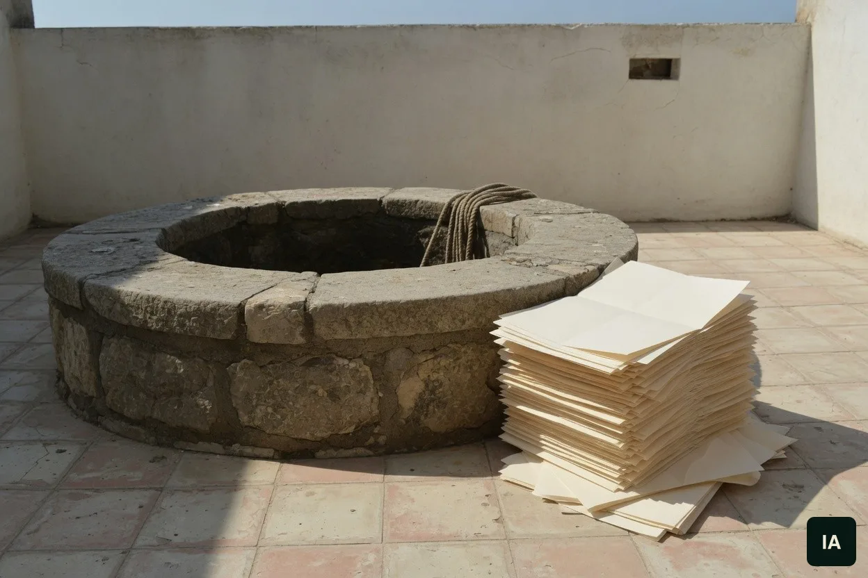 Poço redondo de pedra e uma pilha de papéis dobrados em branco, num terraço de lajotas ao sol.