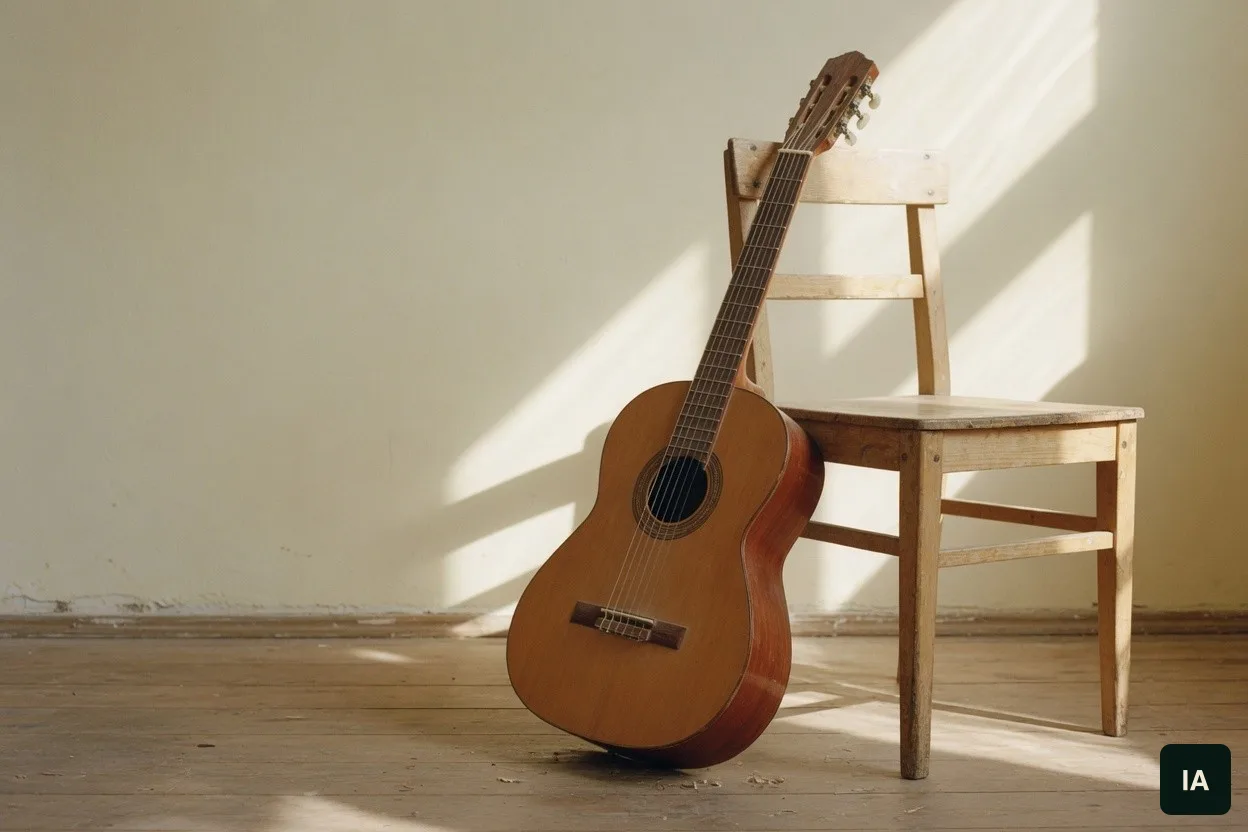 Violão de tampo claro encostado numa cadeira de madeira, numa sala ao sol.