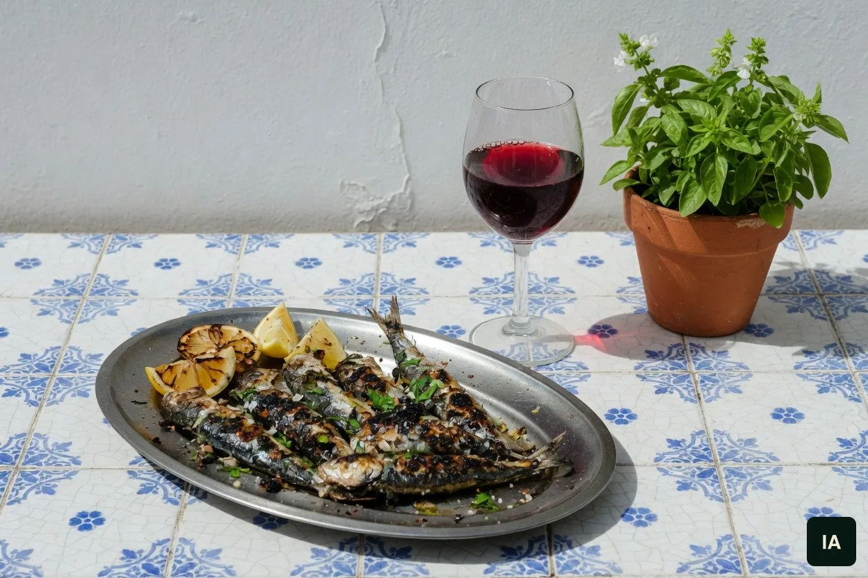 Sardinhas grelhadas, um copo de vinho tinto e um vaso de manjericão numa mesa de azulejos, ao sol.