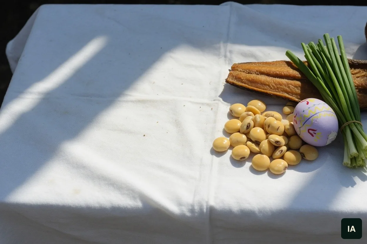Peixe curado, cebolinhas, tremoços e um ovo pintado sobre um pano branco, ao sol.