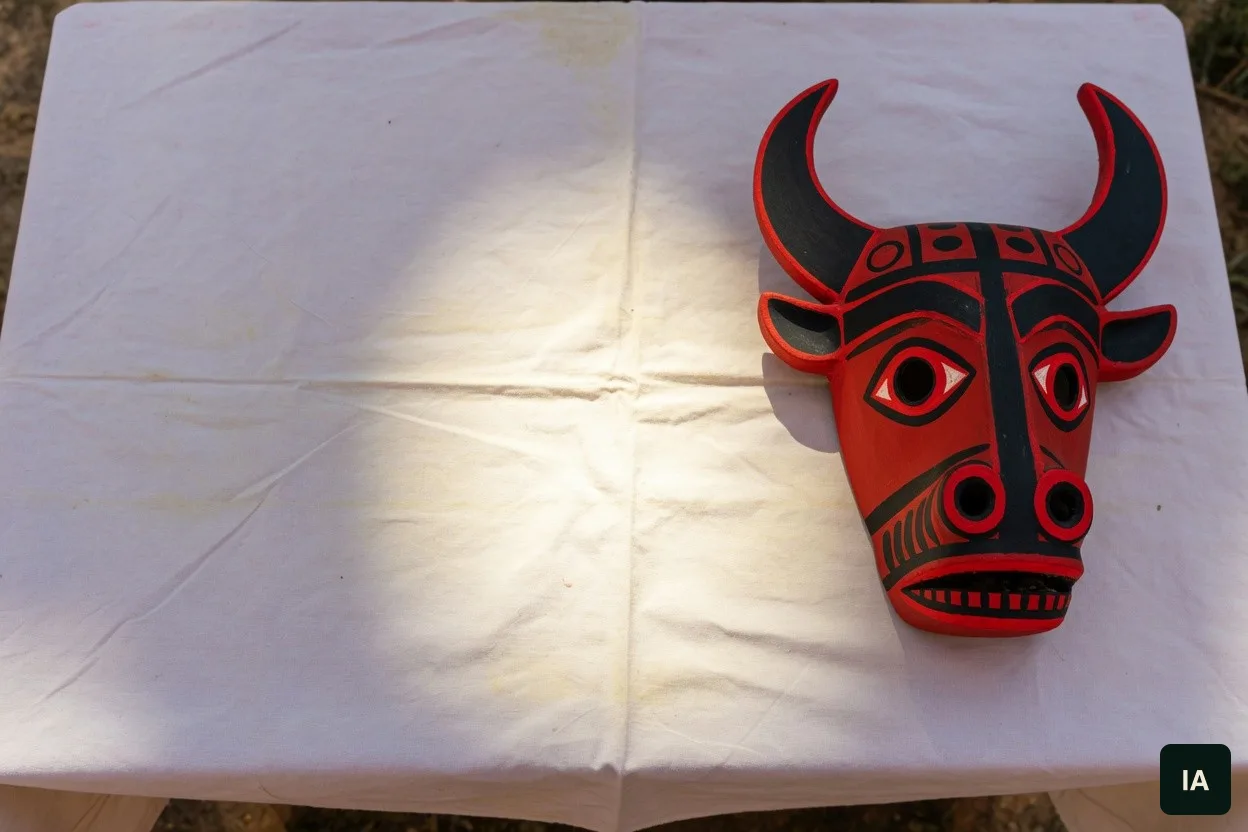 Máscara de cabeza de buey, pintada de rojo y negro, sobre una tela blanca, al sol.