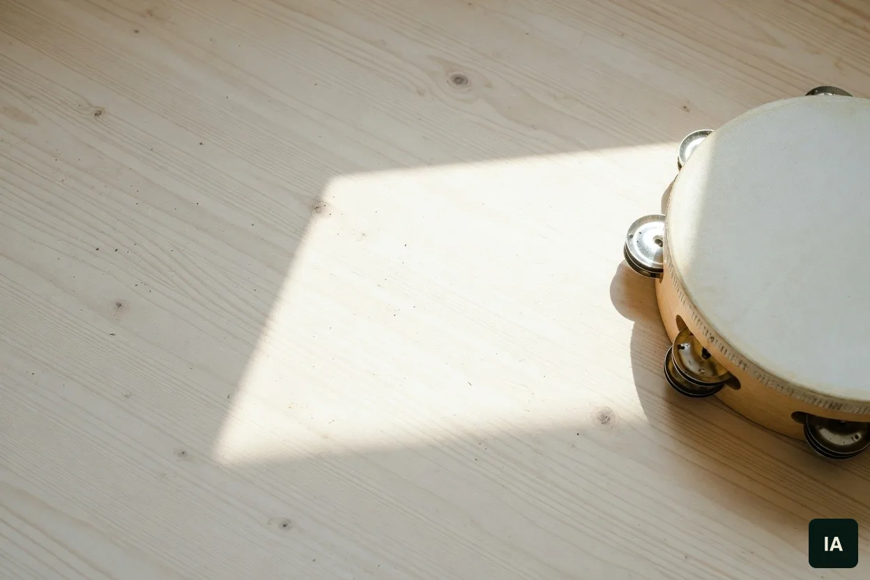 Pandereta de madera con piel clara sobre una mesa, al sol.