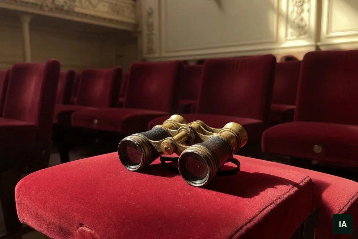 Prismáticos de teatro sobre una butaca de terciopelo rojo, en una sala clara.
