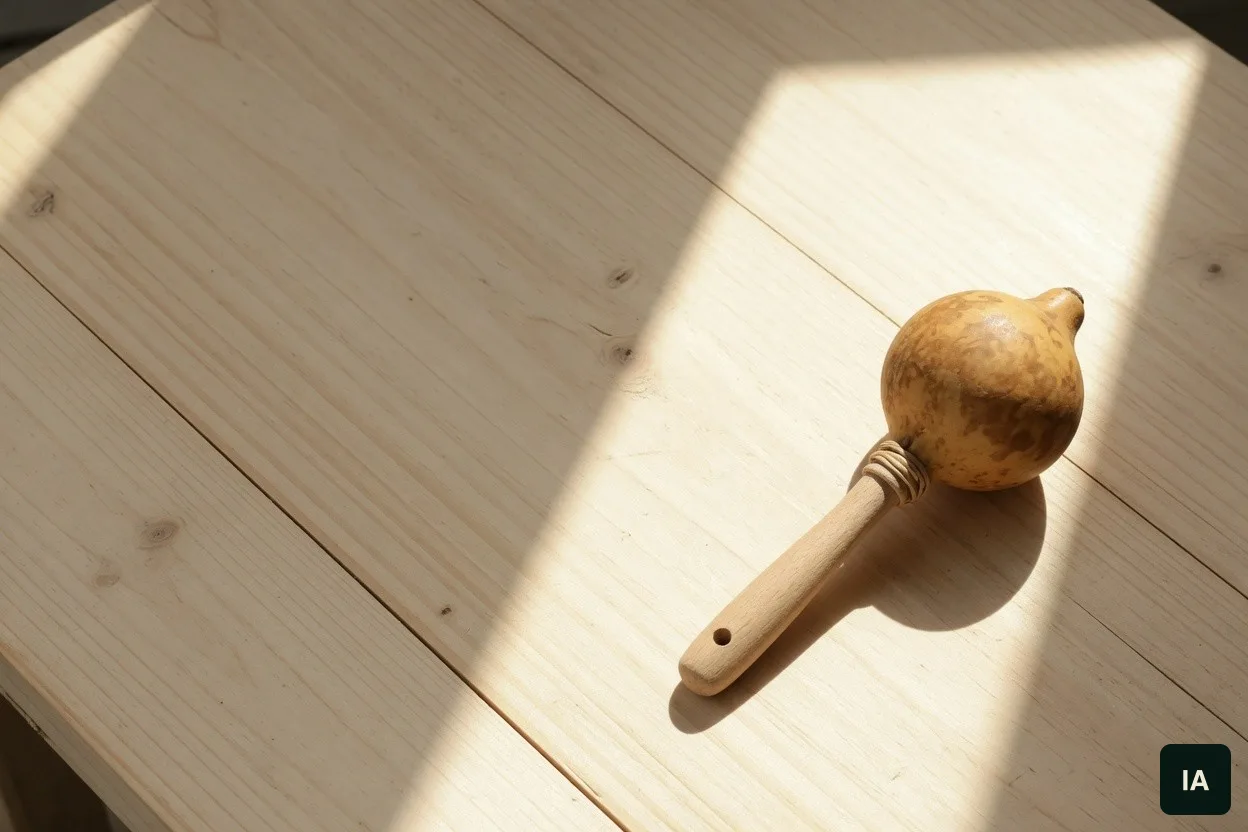 Maraca de calabaza sobre una mesa de madera clara, al sol.