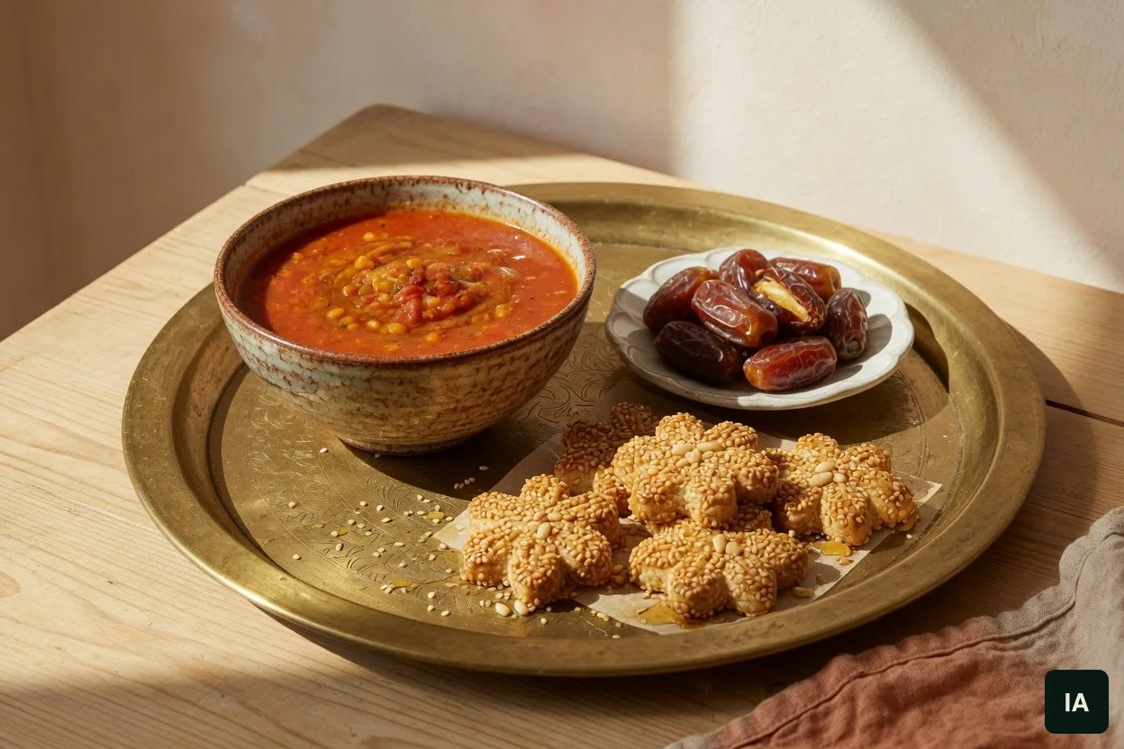 Bandeja de latão com uma tigela de sopa vermelha, um prato de tâmaras e doces de gergelim em forma de flor, ao sol da tarde.
