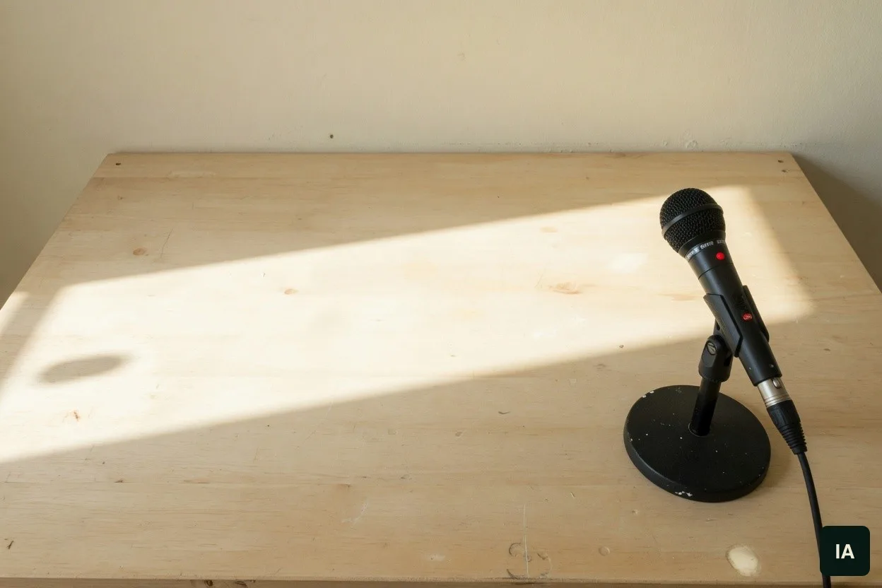 Microfone num suporte curto, à direita de uma mesa de madeira clara, ao sol.