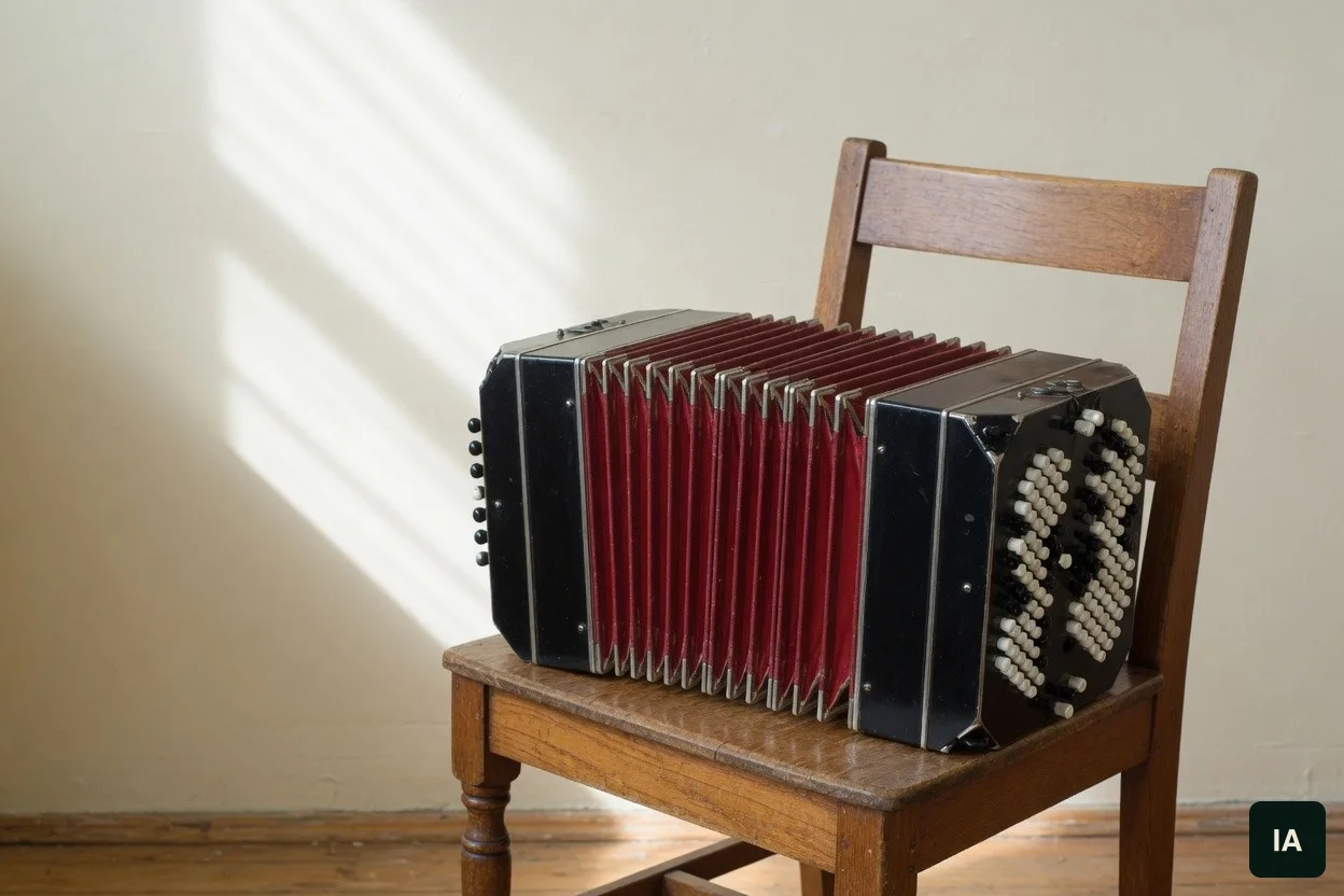 Bandoneón de fole vermelho sobre uma cadeira de madeira, numa sala clara.