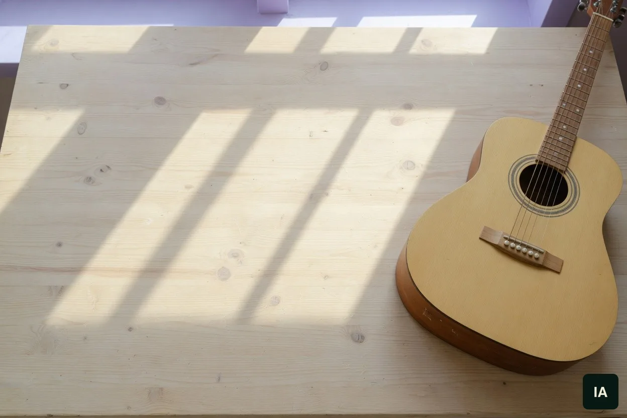 Violão de madeira sobre uma mesa clara, ao sol.