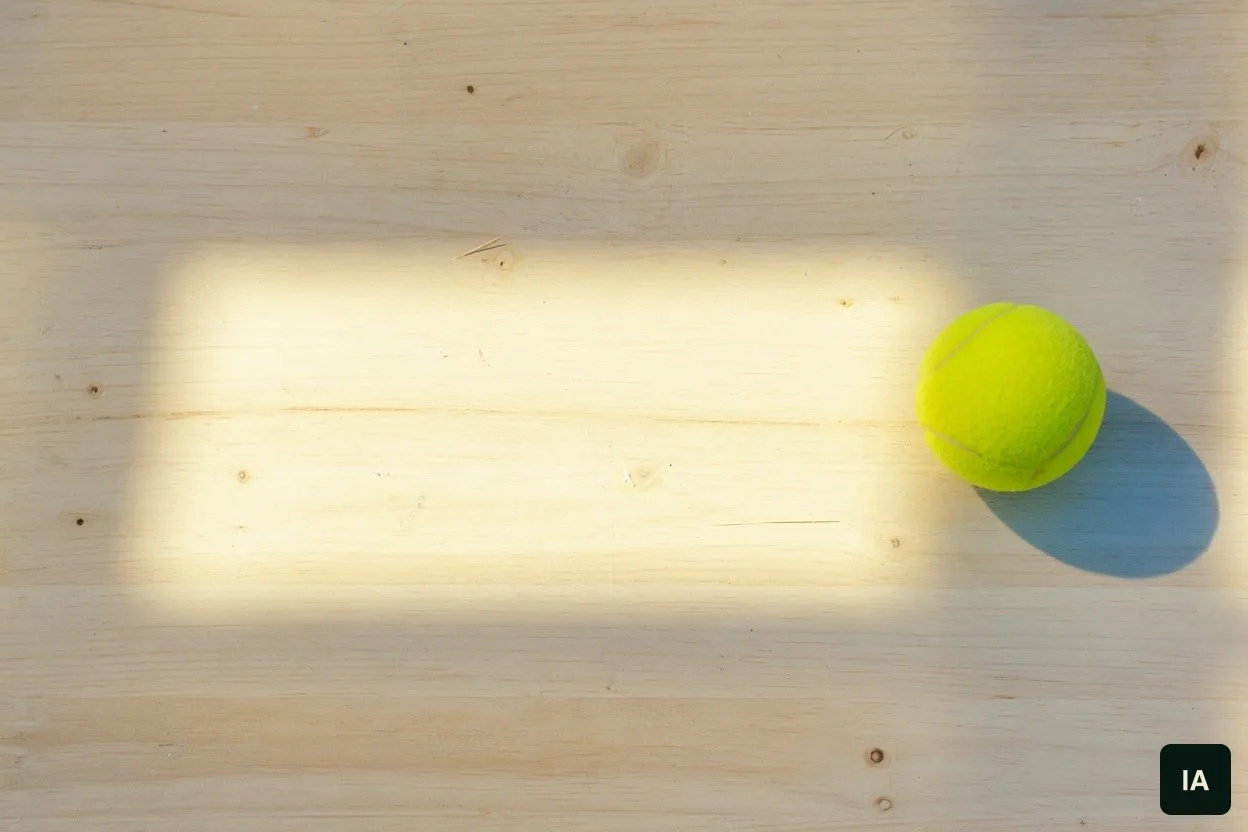 Pelota de tenis amarilla sobre una mesa de madera clara, al sol.